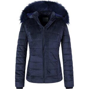 Women's Navy Velvet Puffer Jackets Coat Faux Fur Lining Winter Removable Hood